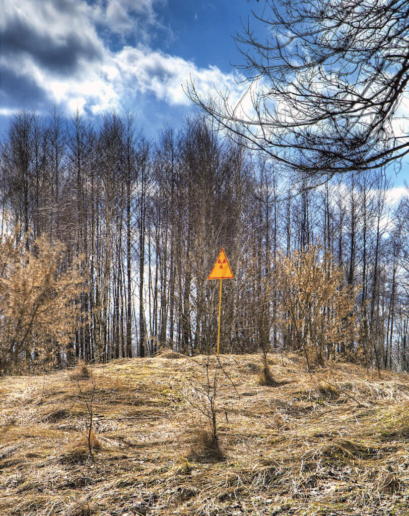 Punaista metsää, kuvassa näkyvä kumpare ja radioaktiivisuuden varoitusmerkki osoittavat yhtä vallihaudoista, jonne saastunut metsä haudattiin onnettomuuden jälkeen. 
