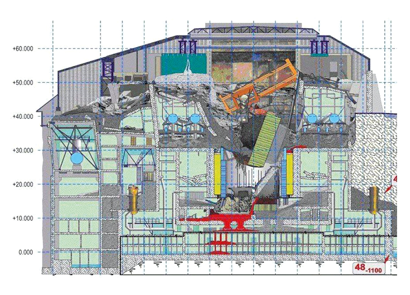 Radioaktiivisen laavan sijainti sargofagin läpileikkauksessa, sekä kolme kuuluisinta  muodostelmaa.