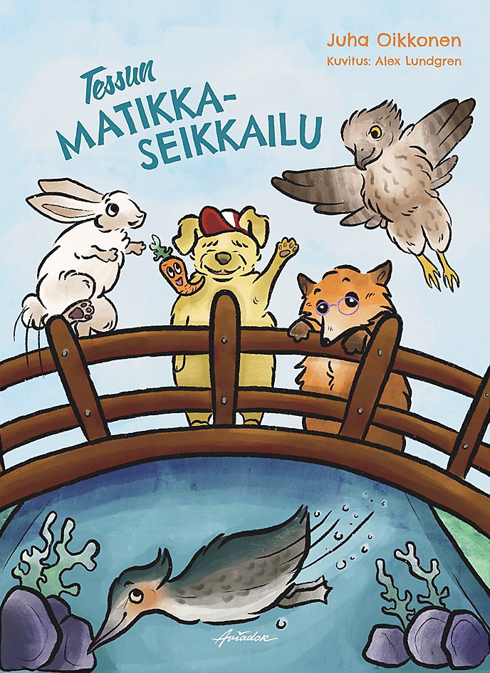Värikkäässä kuvitetussa kirjankannessa näkyy iloinen, punaista lakkia käyttävä koira, joka pitelee porkkanaa, sekä puusillalla seisovat kani ja kettu; yläpuolella lentää lintu ja alapuolella lammessa ui ankka.